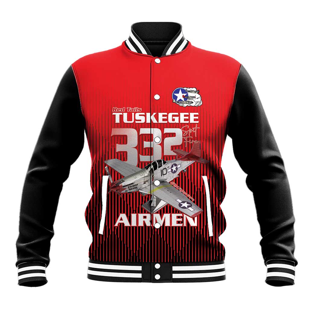 Tuskegee Red Tails Airmen Baseball Jacket P-51 Mustang 332nd Fighter Group - Black Red - Wonder Print Shop