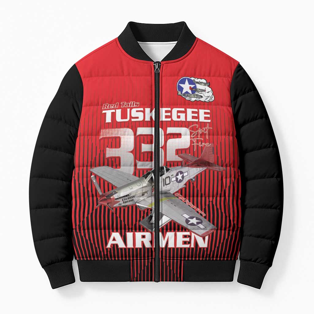 Tuskegee Red Tails Airmen Bomber Puffer Jacket P-51 Mustang 332nd Fighter Group - Black Red - Wonder Print Shop