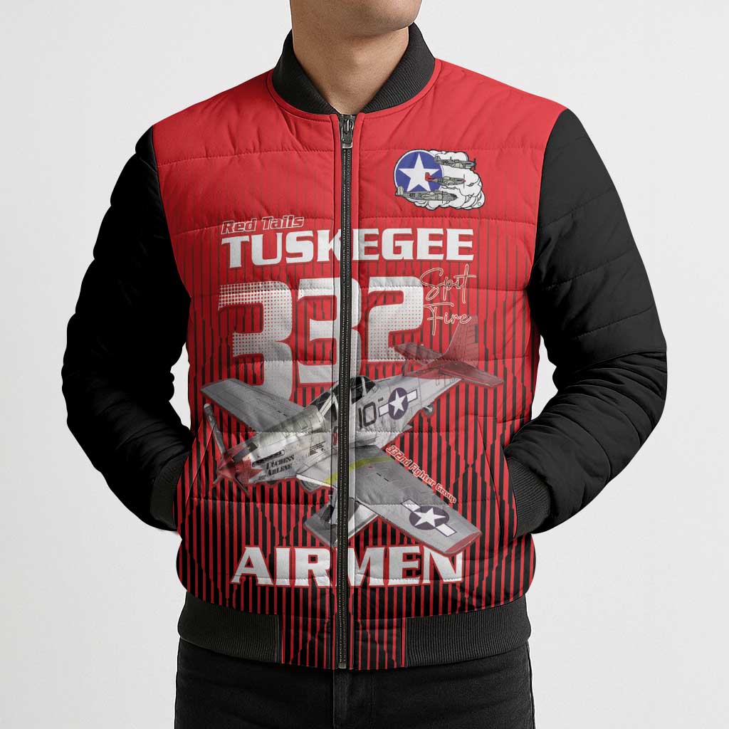 Tuskegee Red Tails Airmen Bomber Puffer Jacket P-51 Mustang 332nd Fighter Group - Black Red - Wonder Print Shop