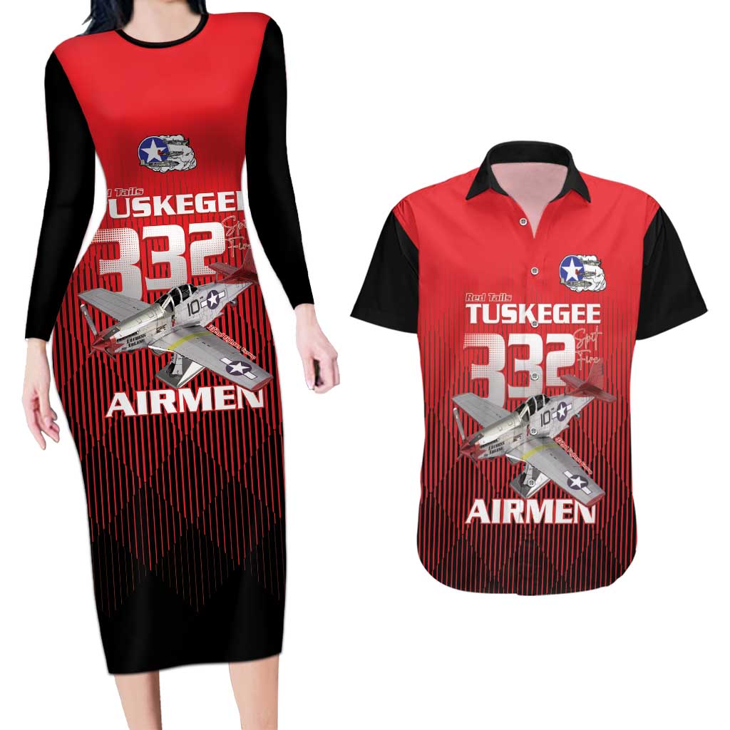 Tuskegee Red Tails Airmen Couples Matching Long Sleeve Bodycon Dress and Hawaiian Shirt P-51 Mustang 332nd Fighter Group - Black Red - Wonder Print Shop