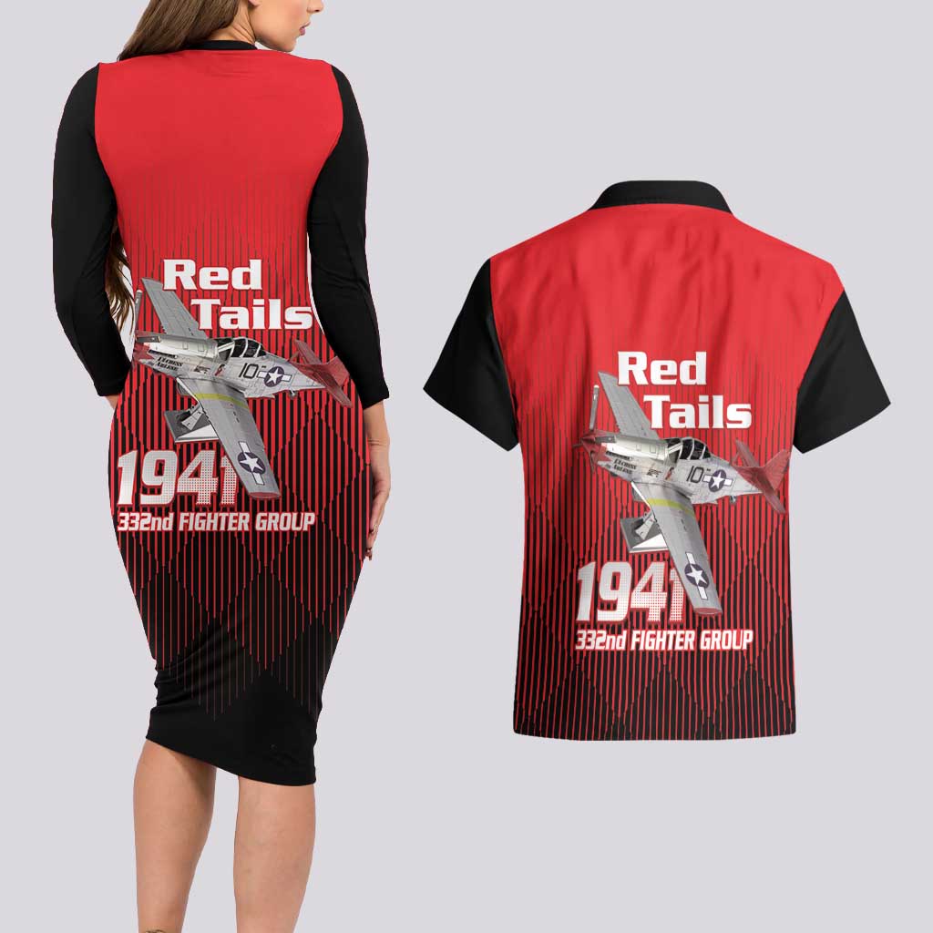 Tuskegee Red Tails Airmen Couples Matching Long Sleeve Bodycon Dress and Hawaiian Shirt P-51 Mustang 332nd Fighter Group - Black Red - Wonder Print Shop