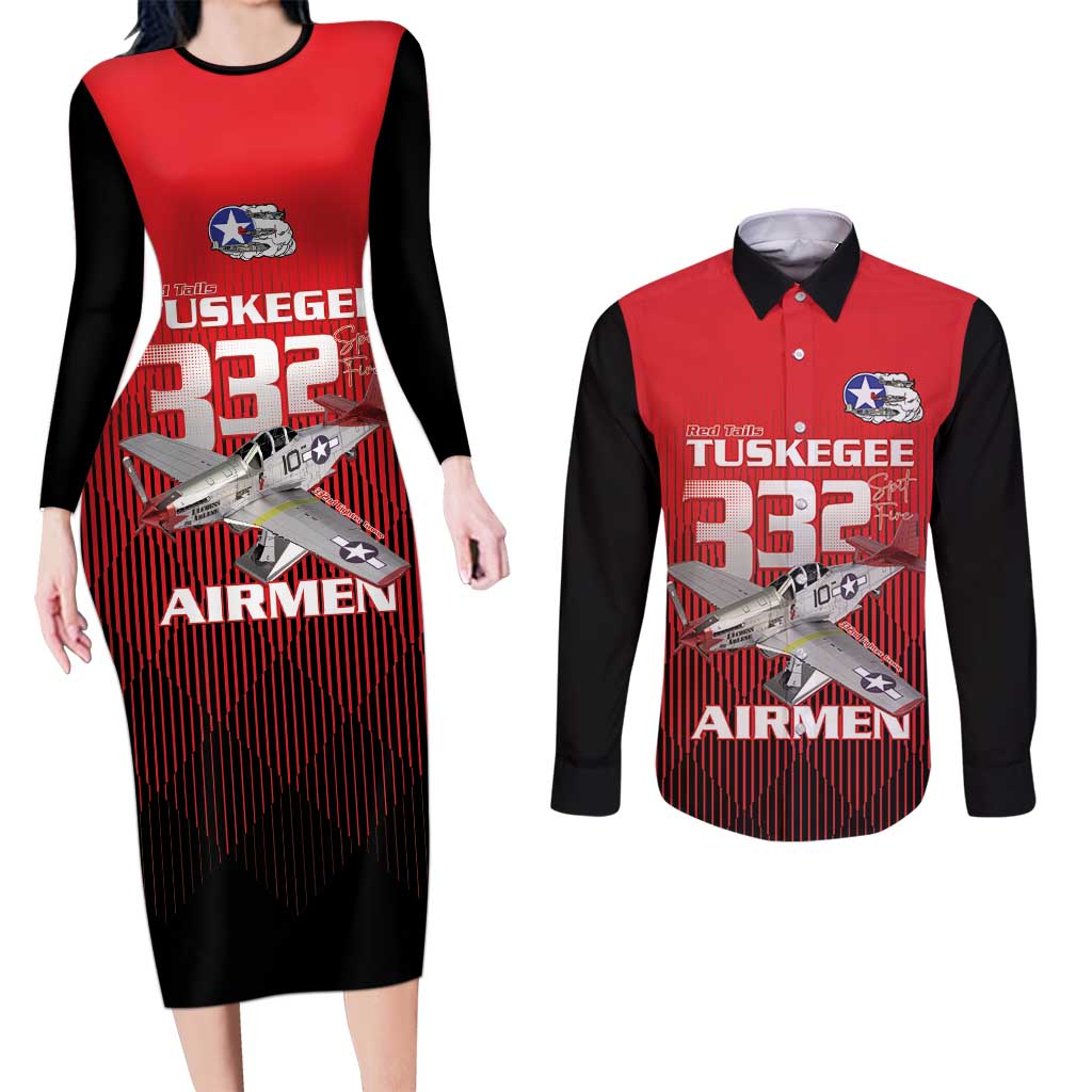 Tuskegee Red Tails Airmen Couples Matching Long Sleeve Bodycon Dress and Long Sleeve Button Shirt P-51 Mustang 332nd Fighter Group - Black Red - Wonder Print Shop