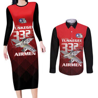 Tuskegee Red Tails Airmen Couples Matching Long Sleeve Bodycon Dress and Long Sleeve Button Shirt P-51 Mustang 332nd Fighter Group - Black Red - Wonder Print Shop