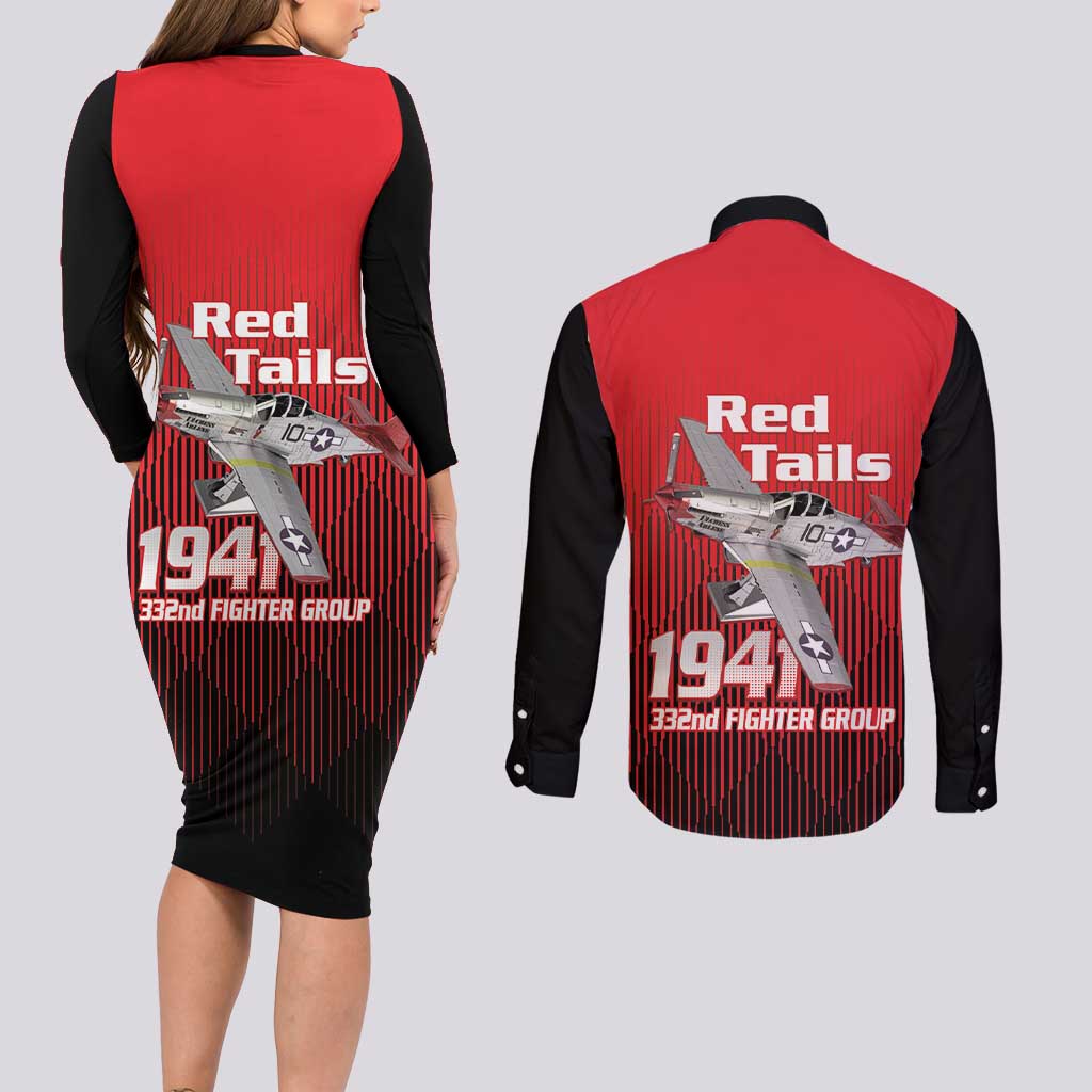 Tuskegee Red Tails Airmen Couples Matching Long Sleeve Bodycon Dress and Long Sleeve Button Shirt P-51 Mustang 332nd Fighter Group - Black Red - Wonder Print Shop