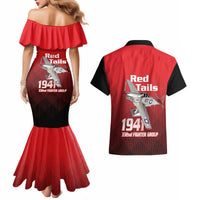 Tuskegee Red Tails Airmen Couples Matching Mermaid Dress and Hawaiian Shirt P-51 Mustang 332nd Fighter Group - Black Red - Wonder Print Shop