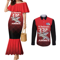 Tuskegee Red Tails Airmen Couples Matching Mermaid Dress and Long Sleeve Button Shirt P-51 Mustang 332nd Fighter Group - Black Red - Wonder Print Shop