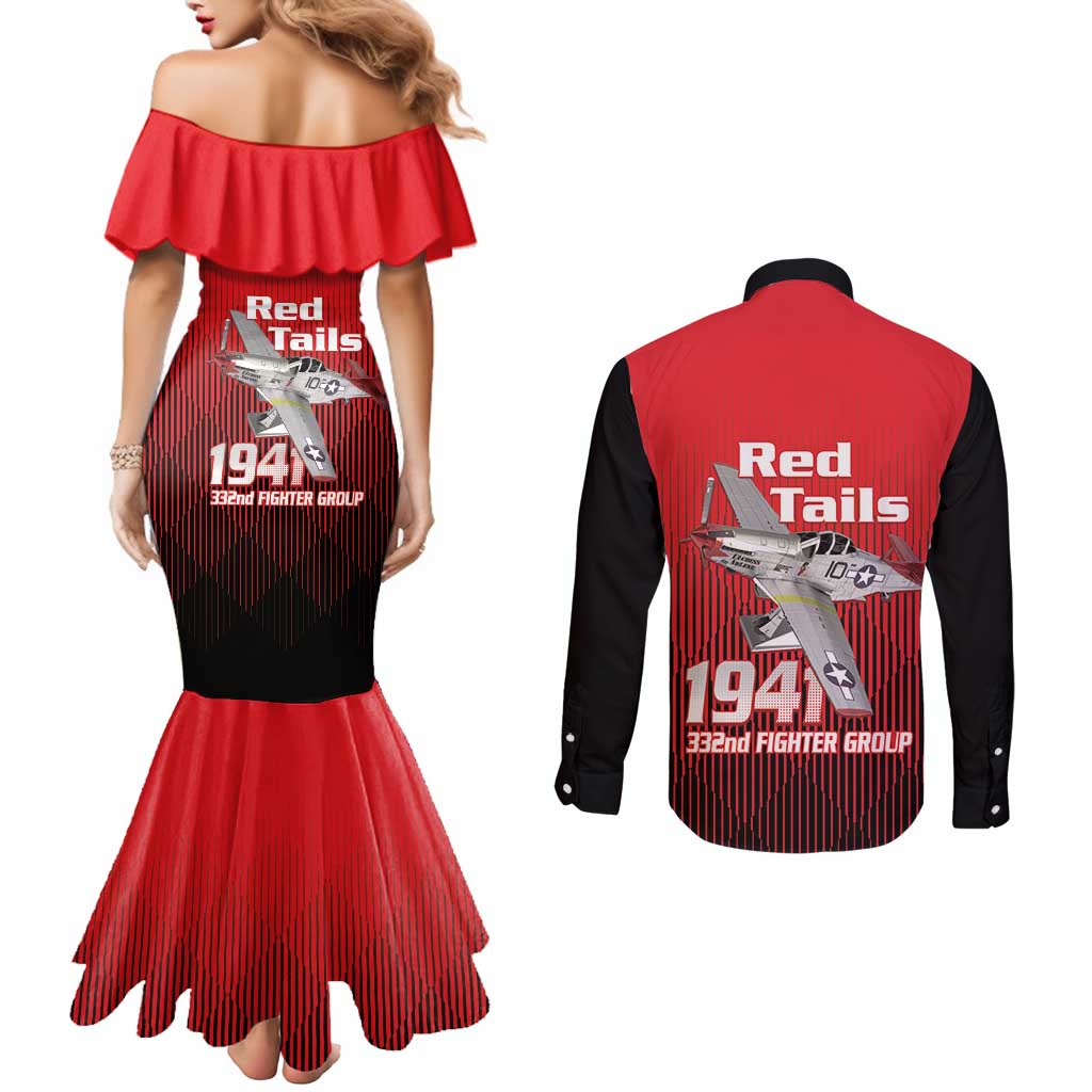 Tuskegee Red Tails Airmen Couples Matching Mermaid Dress and Long Sleeve Button Shirt P-51 Mustang 332nd Fighter Group - Black Red - Wonder Print Shop