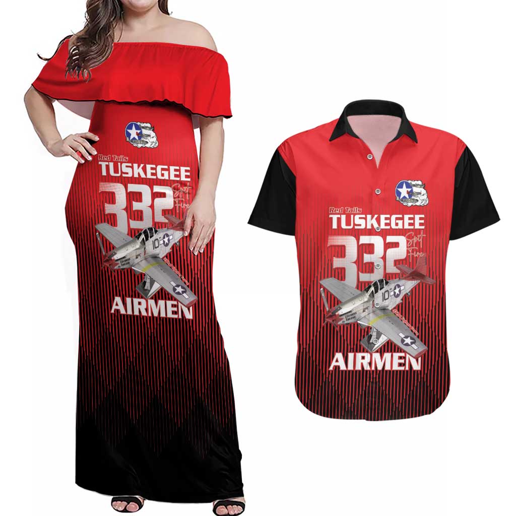 Tuskegee Red Tails Airmen Couples Matching Off Shoulder Maxi Dress and Hawaiian Shirt P-51 Mustang 332nd Fighter Group - Black Red - Wonder Print Shop