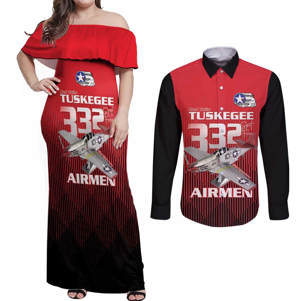 Tuskegee Red Tails Airmen Couples Matching Off Shoulder Maxi Dress and Long Sleeve Button Shirt P-51 Mustang 332nd Fighter Group - Black Red - Wonder Print Shop