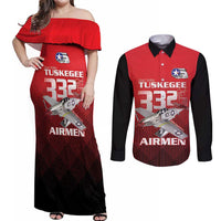 Tuskegee Red Tails Airmen Couples Matching Off Shoulder Maxi Dress and Long Sleeve Button Shirt P-51 Mustang 332nd Fighter Group - Black Red - Wonder Print Shop