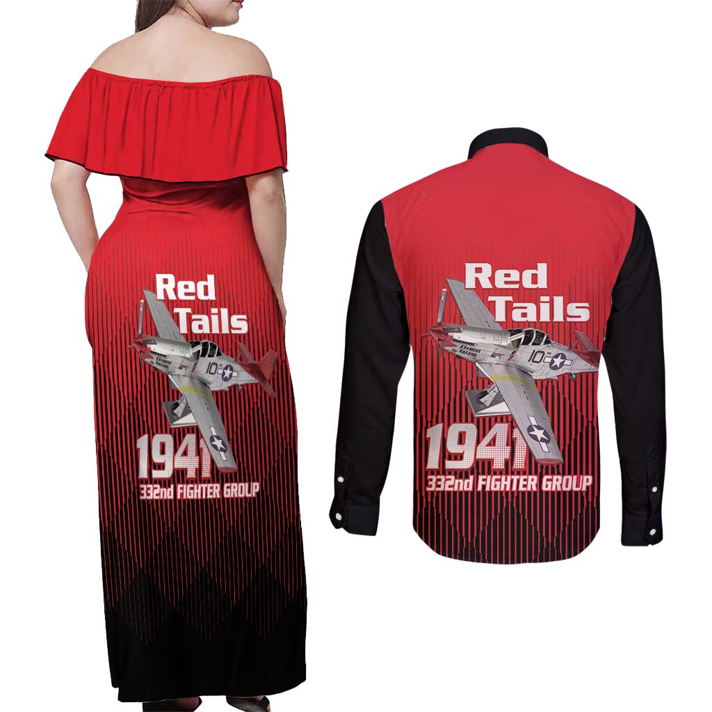 Tuskegee Red Tails Airmen Couples Matching Off Shoulder Maxi Dress and Long Sleeve Button Shirt P-51 Mustang 332nd Fighter Group - Black Red - Wonder Print Shop
