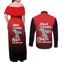 Tuskegee Red Tails Airmen Couples Matching Off Shoulder Maxi Dress and Long Sleeve Button Shirt P-51 Mustang 332nd Fighter Group - Black Red - Wonder Print Shop