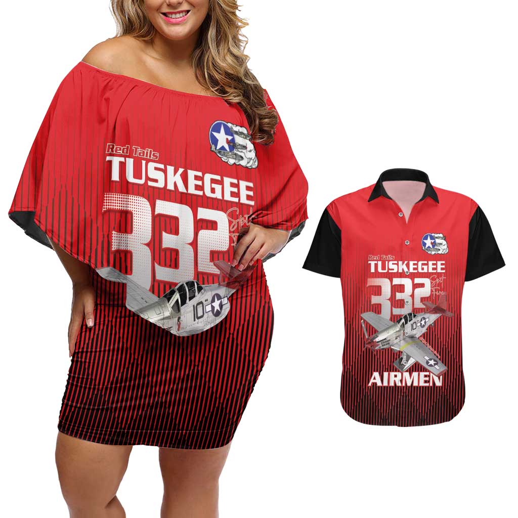 Tuskegee Red Tails Airmen Couples Matching Off Shoulder Short Dress and Hawaiian Shirt P-51 Mustang 332nd Fighter Group - Black Red - Wonder Print Shop