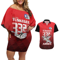 Tuskegee Red Tails Airmen Couples Matching Off Shoulder Short Dress and Hawaiian Shirt P-51 Mustang 332nd Fighter Group - Black Red - Wonder Print Shop
