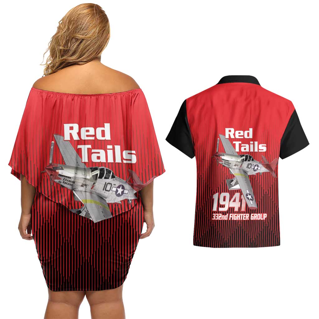 Tuskegee Red Tails Airmen Couples Matching Off Shoulder Short Dress and Hawaiian Shirt P-51 Mustang 332nd Fighter Group - Black Red - Wonder Print Shop