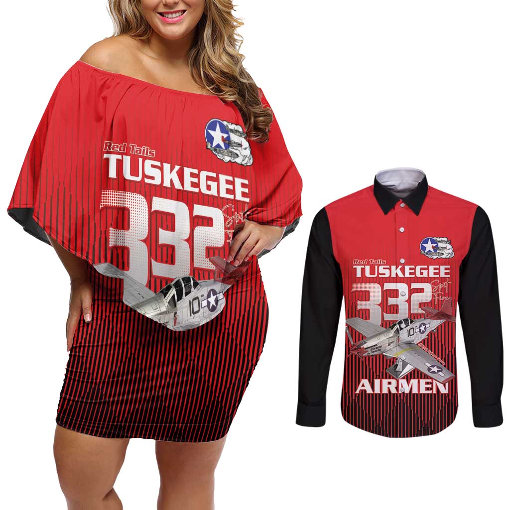 Tuskegee Red Tails Airmen Couples Matching Off Shoulder Short Dress and Long Sleeve Button Shirt P-51 Mustang 332nd Fighter Group - Black Red - Wonder Print Shop
