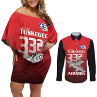 Tuskegee Red Tails Airmen Couples Matching Off Shoulder Short Dress and Long Sleeve Button Shirt P-51 Mustang 332nd Fighter Group - Black Red - Wonder Print Shop