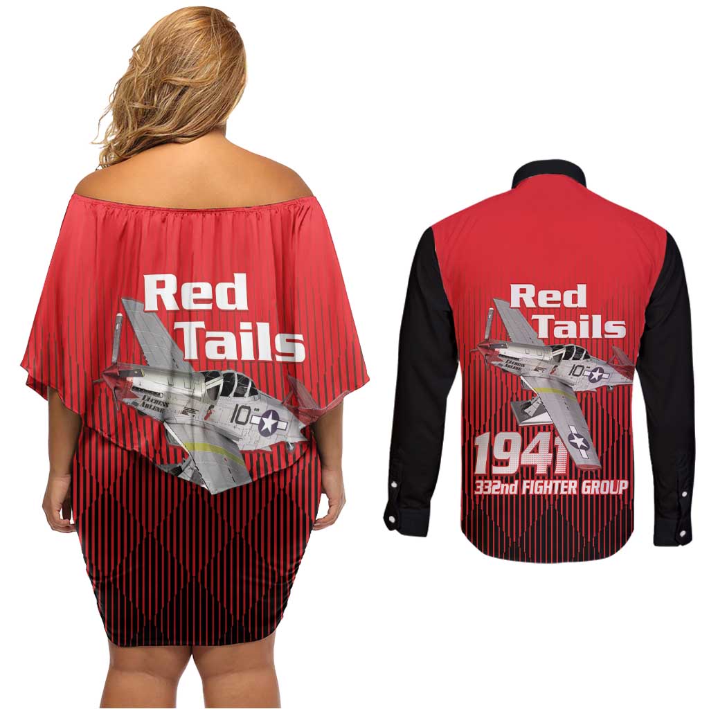 Tuskegee Red Tails Airmen Couples Matching Off Shoulder Short Dress and Long Sleeve Button Shirt P-51 Mustang 332nd Fighter Group - Black Red - Wonder Print Shop