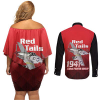Tuskegee Red Tails Airmen Couples Matching Off Shoulder Short Dress and Long Sleeve Button Shirt P-51 Mustang 332nd Fighter Group - Black Red - Wonder Print Shop