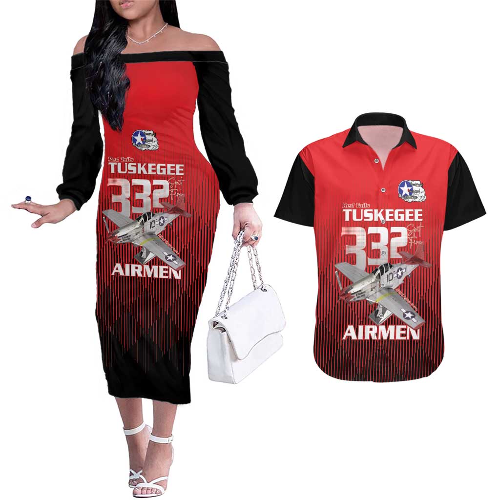 Tuskegee Red Tails Airmen Couples Matching Off The Shoulder Long Sleeve Dress and Hawaiian Shirt P-51 Mustang 332nd Fighter Group - Black Red - Wonder Print Shop