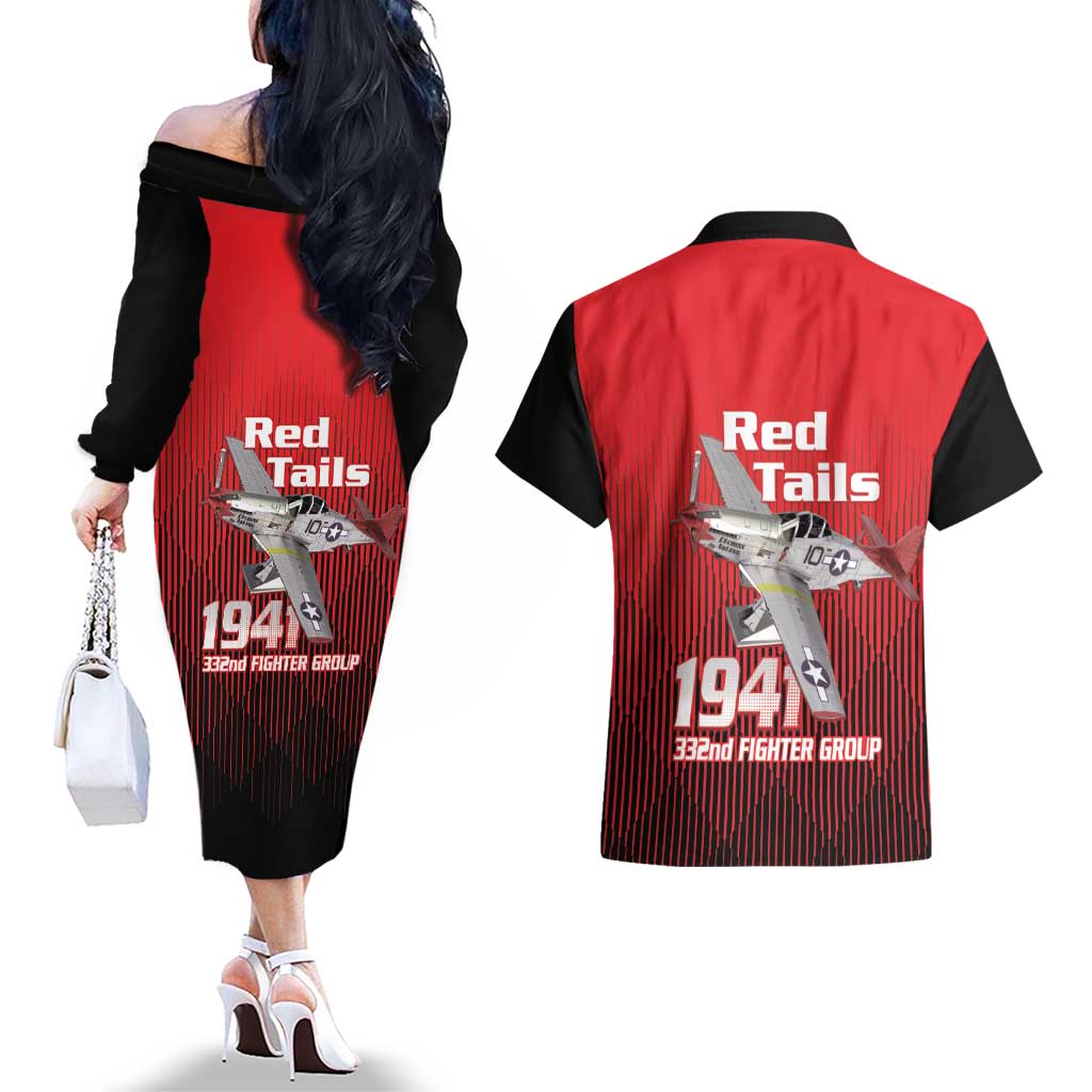 Tuskegee Red Tails Airmen Couples Matching Off The Shoulder Long Sleeve Dress and Hawaiian Shirt P-51 Mustang 332nd Fighter Group - Black Red - Wonder Print Shop