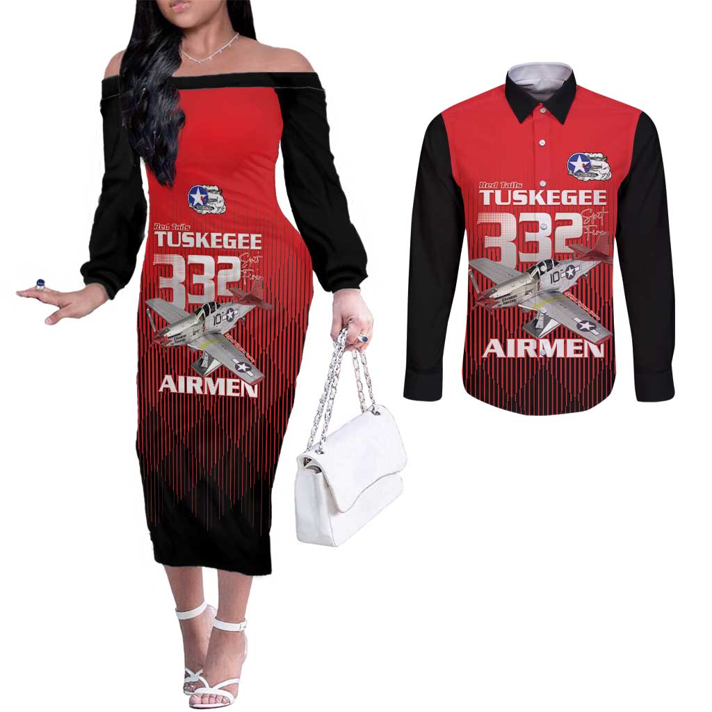Tuskegee Red Tails Airmen Couples Matching Off The Shoulder Long Sleeve Dress and Long Sleeve Button Shirt P-51 Mustang 332nd Fighter Group - Black Red - Wonder Print Shop