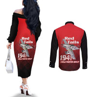 Tuskegee Red Tails Airmen Couples Matching Off The Shoulder Long Sleeve Dress and Long Sleeve Button Shirt P-51 Mustang 332nd Fighter Group - Black Red - Wonder Print Shop