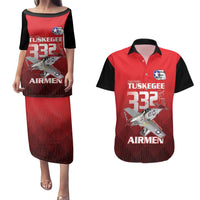 Tuskegee Red Tails Airmen Couples Matching Puletasi and Hawaiian Shirt P-51 Mustang 332nd Fighter Group - Black Red - Wonder Print Shop