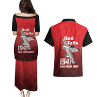 Tuskegee Red Tails Airmen Couples Matching Puletasi and Hawaiian Shirt P-51 Mustang 332nd Fighter Group - Black Red - Wonder Print Shop