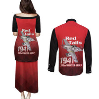 Tuskegee Red Tails Airmen Couples Matching Puletasi and Long Sleeve Button Shirt P-51 Mustang 332nd Fighter Group - Black Red - Wonder Print Shop