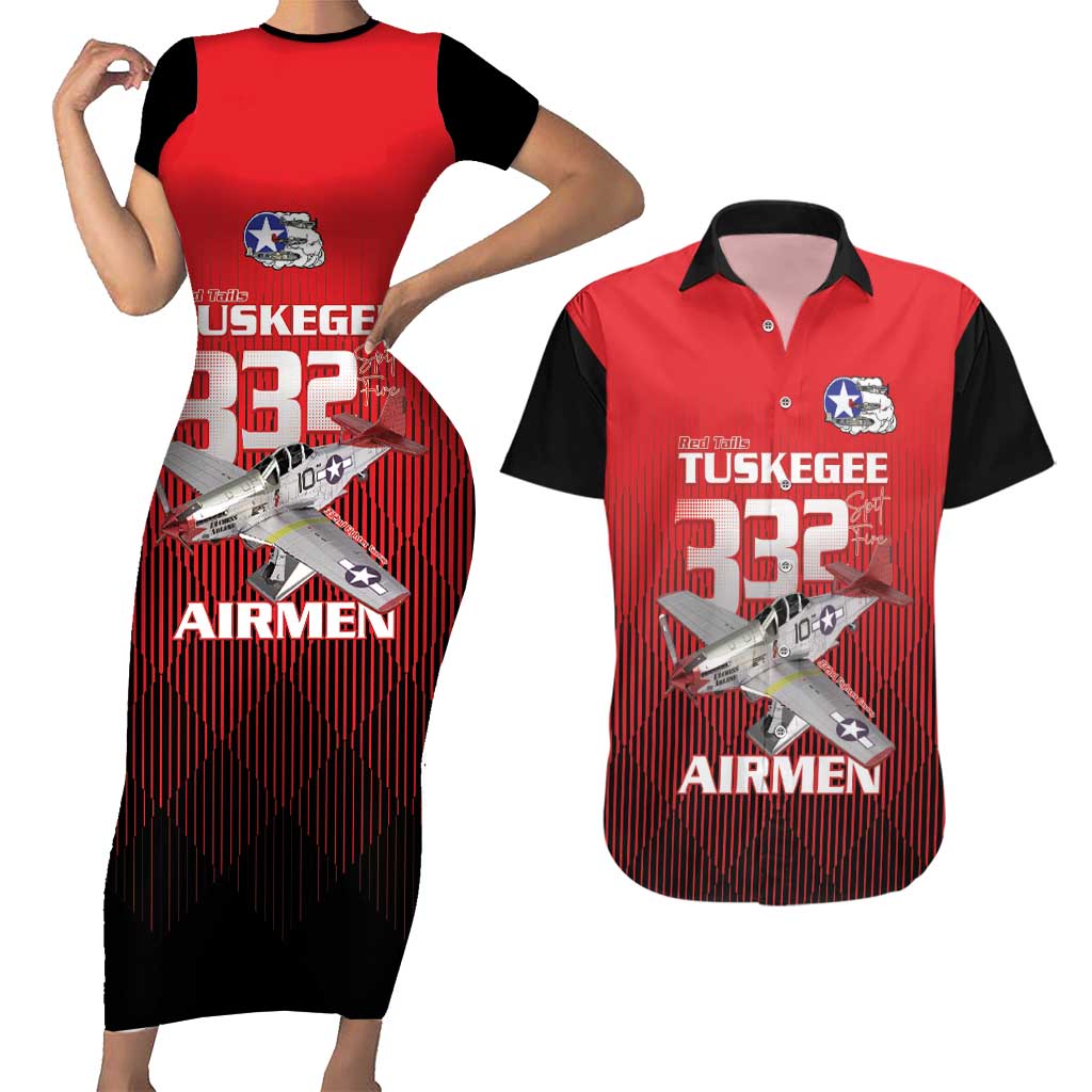 Tuskegee Red Tails Airmen Couples Matching Short Sleeve Bodycon Dress and Hawaiian Shirt P-51 Mustang 332nd Fighter Group - Black Red - Wonder Print Shop