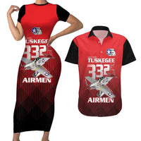 Tuskegee Red Tails Airmen Couples Matching Short Sleeve Bodycon Dress and Hawaiian Shirt P-51 Mustang 332nd Fighter Group - Black Red - Wonder Print Shop