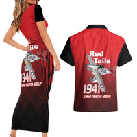 Tuskegee Red Tails Airmen Couples Matching Short Sleeve Bodycon Dress and Hawaiian Shirt P-51 Mustang 332nd Fighter Group - Black Red - Wonder Print Shop
