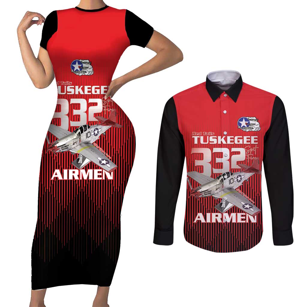 Tuskegee Red Tails Airmen Couples Matching Short Sleeve Bodycon Dress and Long Sleeve Button Shirt P-51 Mustang 332nd Fighter Group - Black Red - Wonder Print Shop