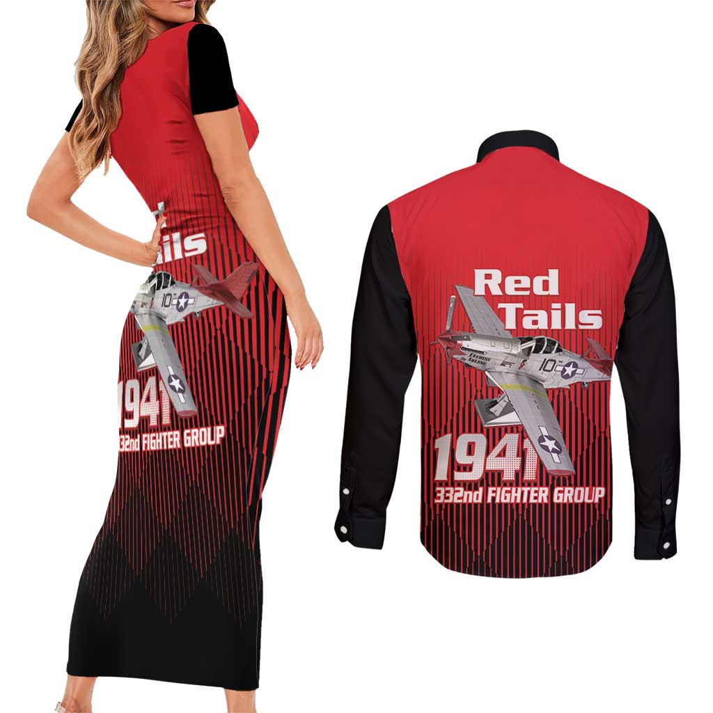 Tuskegee Red Tails Airmen Couples Matching Short Sleeve Bodycon Dress and Long Sleeve Button Shirt P-51 Mustang 332nd Fighter Group - Black Red - Wonder Print Shop