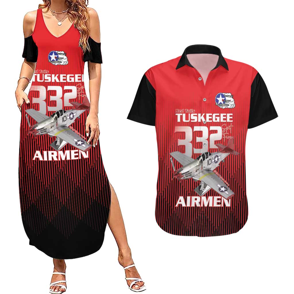 Tuskegee Red Tails Airmen Couples Matching Summer Maxi Dress and Hawaiian Shirt P-51 Mustang 332nd Fighter Group - Black Red - Wonder Print Shop