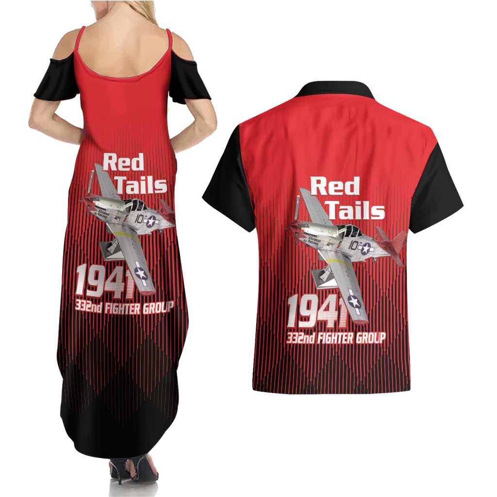Tuskegee Red Tails Airmen Couples Matching Summer Maxi Dress and Hawaiian Shirt P-51 Mustang 332nd Fighter Group - Black Red - Wonder Print Shop