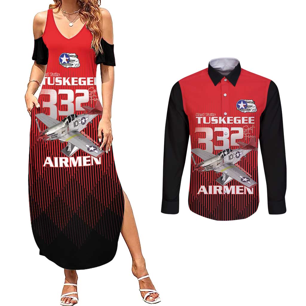 Tuskegee Red Tails Airmen Couples Matching Summer Maxi Dress and Long Sleeve Button Shirt P-51 Mustang 332nd Fighter Group - Black Red - Wonder Print Shop