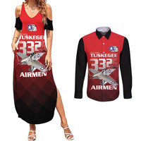 Tuskegee Red Tails Airmen Couples Matching Summer Maxi Dress and Long Sleeve Button Shirt P-51 Mustang 332nd Fighter Group - Black Red - Wonder Print Shop