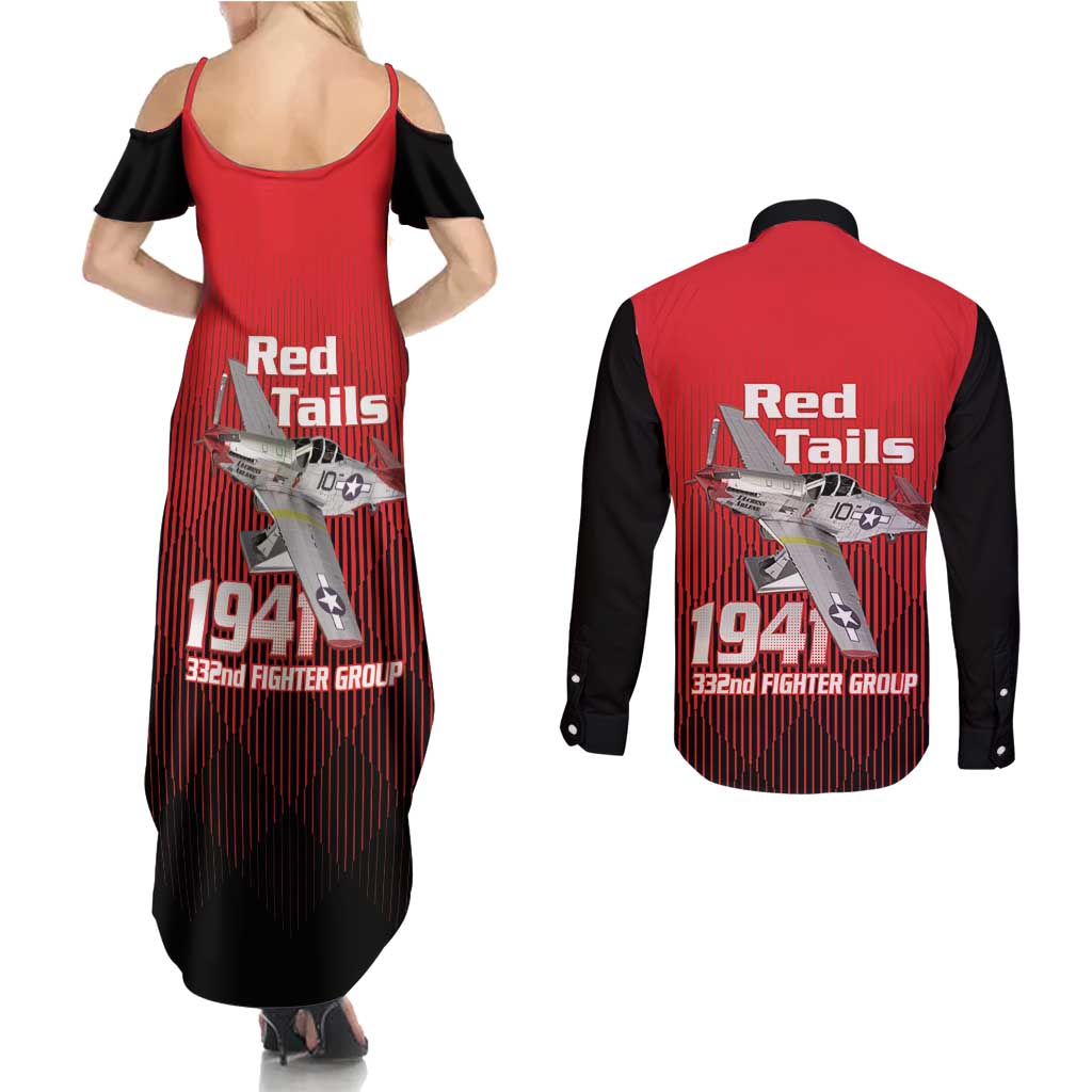 Tuskegee Red Tails Airmen Couples Matching Summer Maxi Dress and Long Sleeve Button Shirt P-51 Mustang 332nd Fighter Group - Black Red - Wonder Print Shop