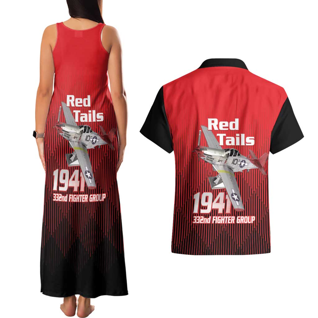 Tuskegee Red Tails Airmen Couples Matching Tank Maxi Dress and Hawaiian Shirt P-51 Mustang 332nd Fighter Group - Black Red - Wonder Print Shop