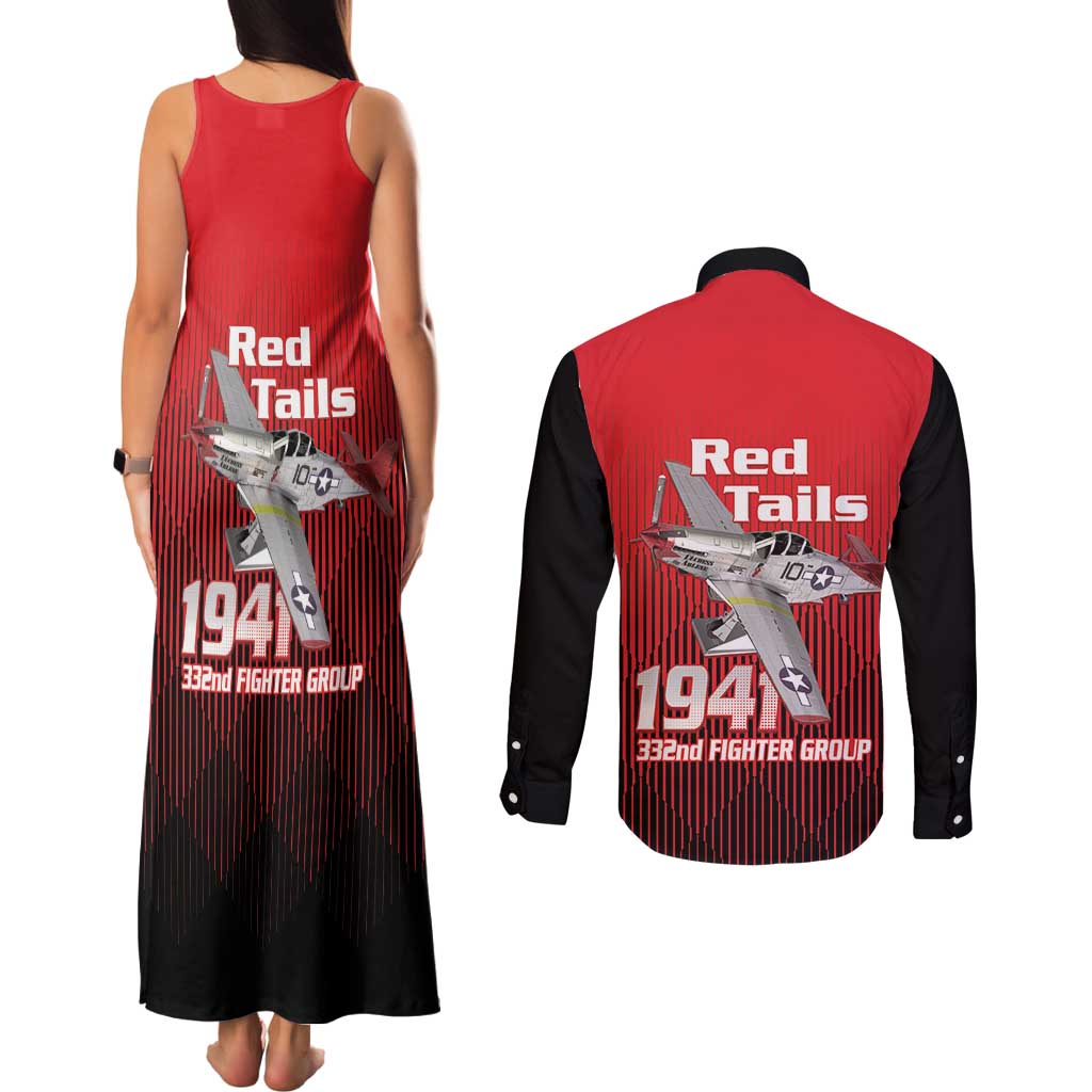 Tuskegee Red Tails Airmen Couples Matching Tank Maxi Dress and Long Sleeve Button Shirt P-51 Mustang 332nd Fighter Group - Black Red - Wonder Print Shop