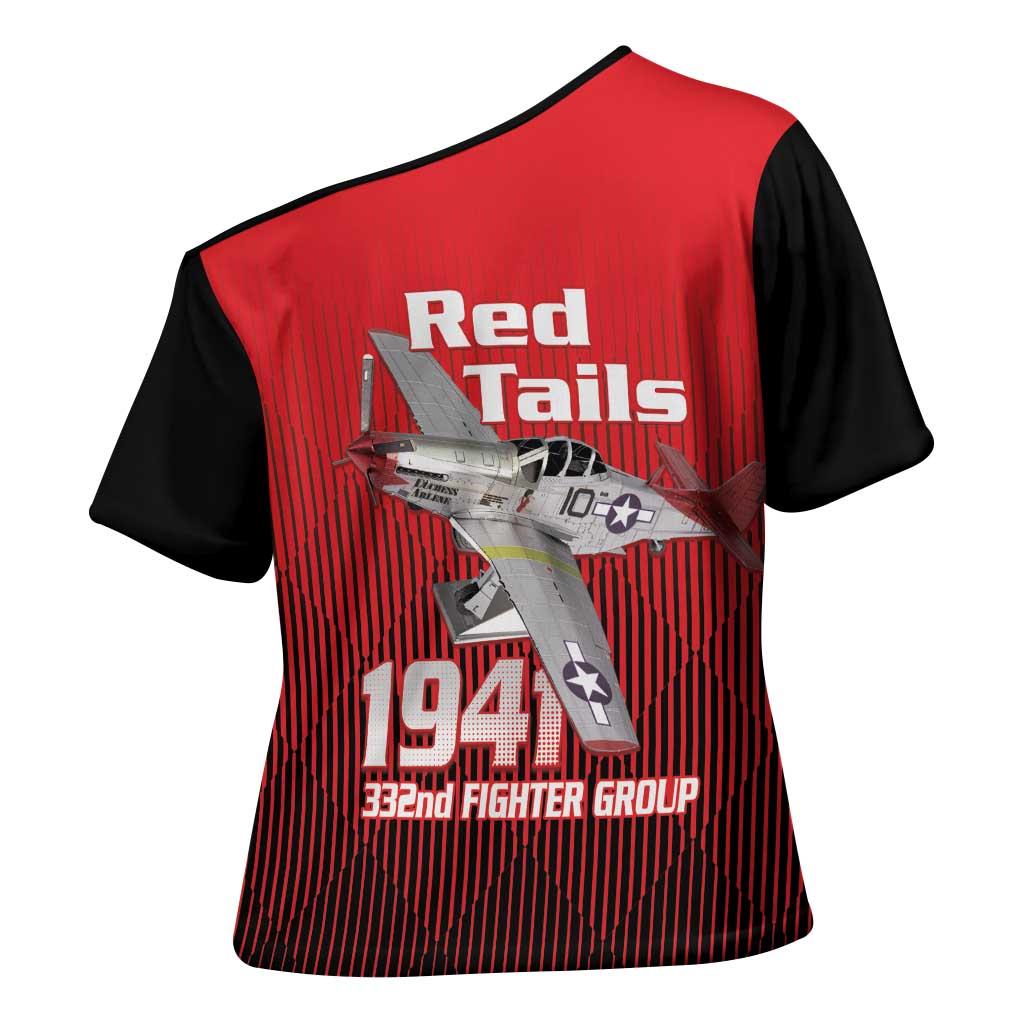 Tuskegee Red Tails Airmen Cross Shoulder Shirt P-51 Mustang 332nd Fighter Group - Black Red - Wonder Print Shop
