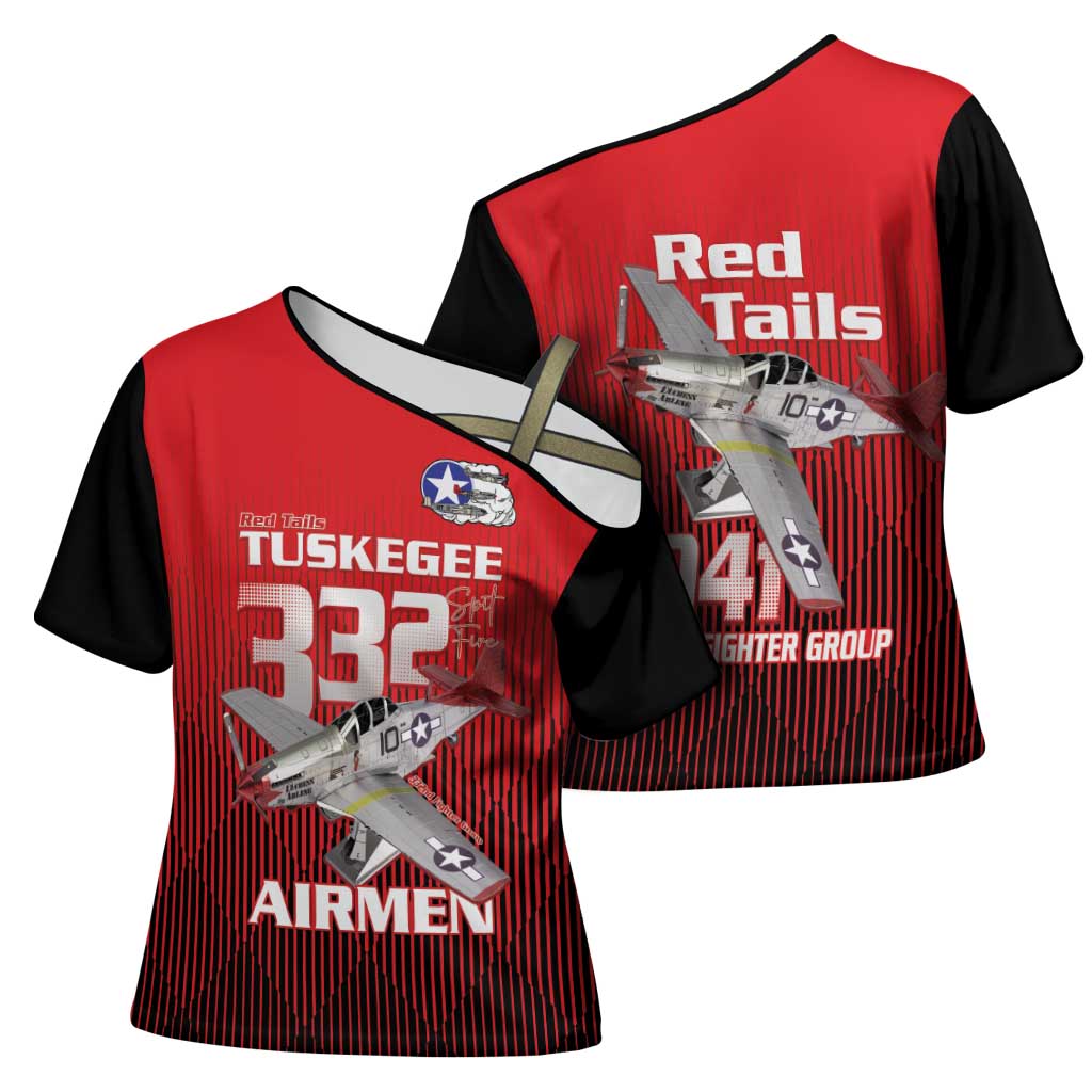 Tuskegee Red Tails Airmen Cross Shoulder Shirt P-51 Mustang 332nd Fighter Group - Black Red - Wonder Print Shop