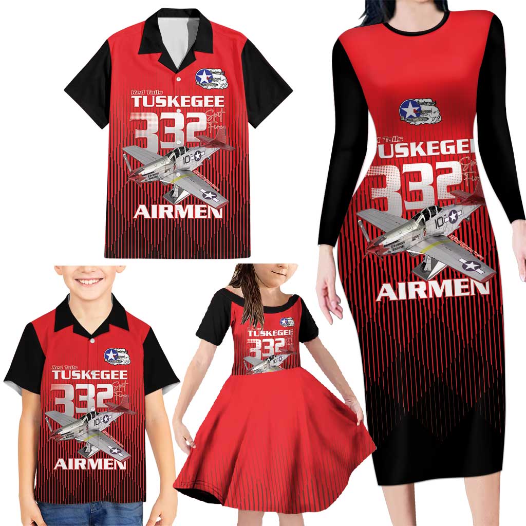 Tuskegee Red Tails Airmen Family Matching Long Sleeve Bodycon Dress and Hawaiian Shirt P-51 Mustang 332nd Fighter Group - Black Red - Wonder Print Shop