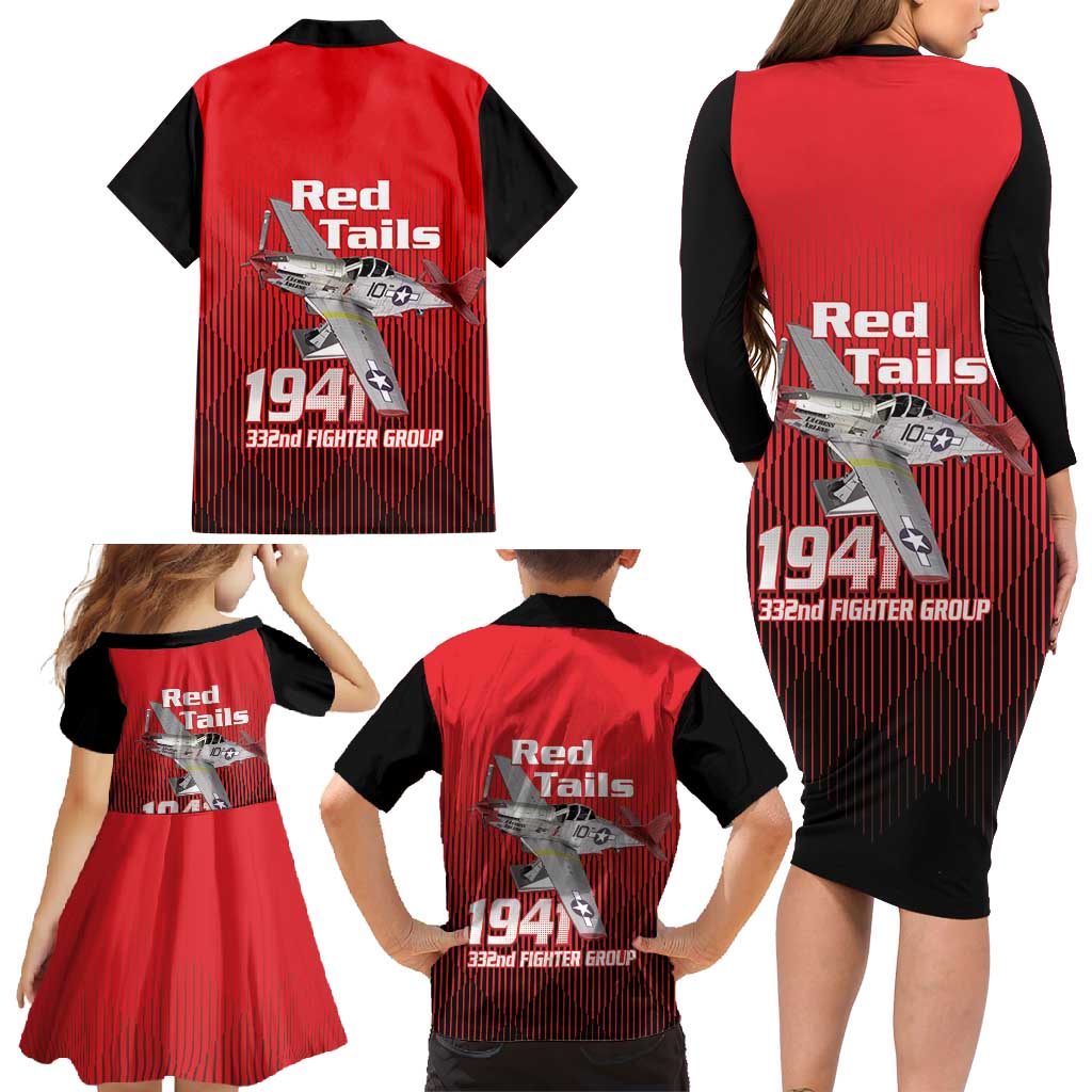 Tuskegee Red Tails Airmen Family Matching Long Sleeve Bodycon Dress and Hawaiian Shirt P-51 Mustang 332nd Fighter Group - Black Red - Wonder Print Shop
