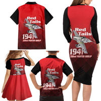 Tuskegee Red Tails Airmen Family Matching Long Sleeve Bodycon Dress and Hawaiian Shirt P-51 Mustang 332nd Fighter Group - Black Red - Wonder Print Shop