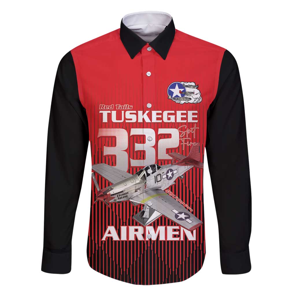 Tuskegee Red Tails Airmen Family Matching Long Sleeve Bodycon Dress and Hawaiian Shirt P-51 Mustang 332nd Fighter Group - Black Red - Wonder Print Shop