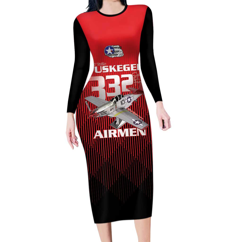 Tuskegee Red Tails Airmen Family Matching Long Sleeve Bodycon Dress and Hawaiian Shirt P-51 Mustang 332nd Fighter Group - Black Red - Wonder Print Shop