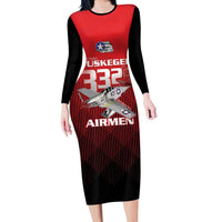 Tuskegee Red Tails Airmen Family Matching Long Sleeve Bodycon Dress and Hawaiian Shirt P-51 Mustang 332nd Fighter Group - Black Red - Wonder Print Shop